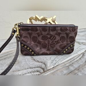 COACH Chocolate Shimmer Signature Brass Studded Canvas Wristlet